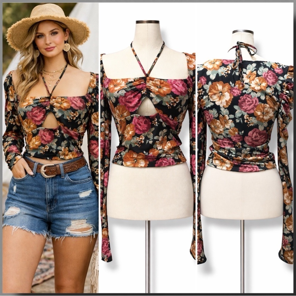 190 Forever 21 | EUC Boho Floral Cutout Ruched Black Long Sleeves Top (Size S)